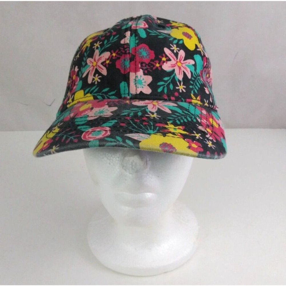 OSFM Women's Black With Colorful Tropical Floral Design Adjustable Baseball Cap